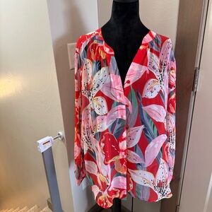 Chico’s Button Down Sheer Red Floral Lily Top Blouse Hawaiian Flowy‎ Bright 18